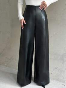 Firerie 女士新款优雅休闲百搭高腰宽松阔腿裤，黑色 PU 皮革，适合日常通勤、秋冬、机场、教师和办公室穿着 - 黑色 - 查看 7