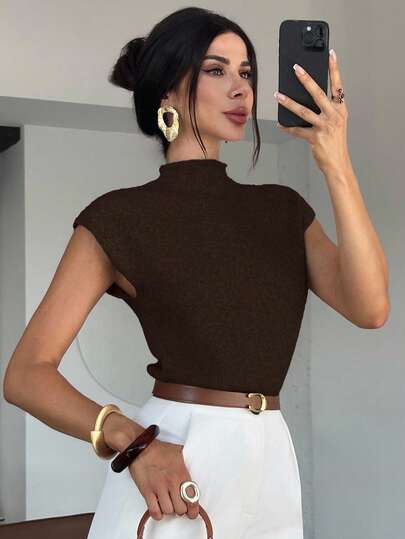 Firerie Elegant High Neck Loose Casual Versatile Sleeveless Knit Sweater Vest,Dark Brown Sweater In Summer/ Office
