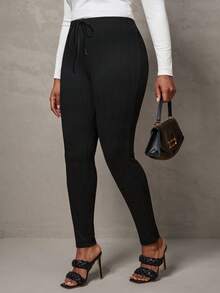 SHEIN Tall CURVE سراويل ضيقة بلون أحادي من الأنسجة المحبوكة المرنة، مناسبة للخريف والشتاء - الأسود - مشاهدة 5