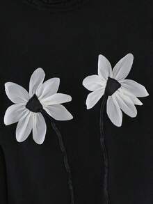 青少年女孩高领长袖针织毛衣，黑色，3D 花卉装饰，适合春季、秋季、冬季 - 黑色 - 查看 4