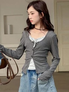 DAZY 少女甜美风格修身T恤，秋季 - 灰色 - 查看 1