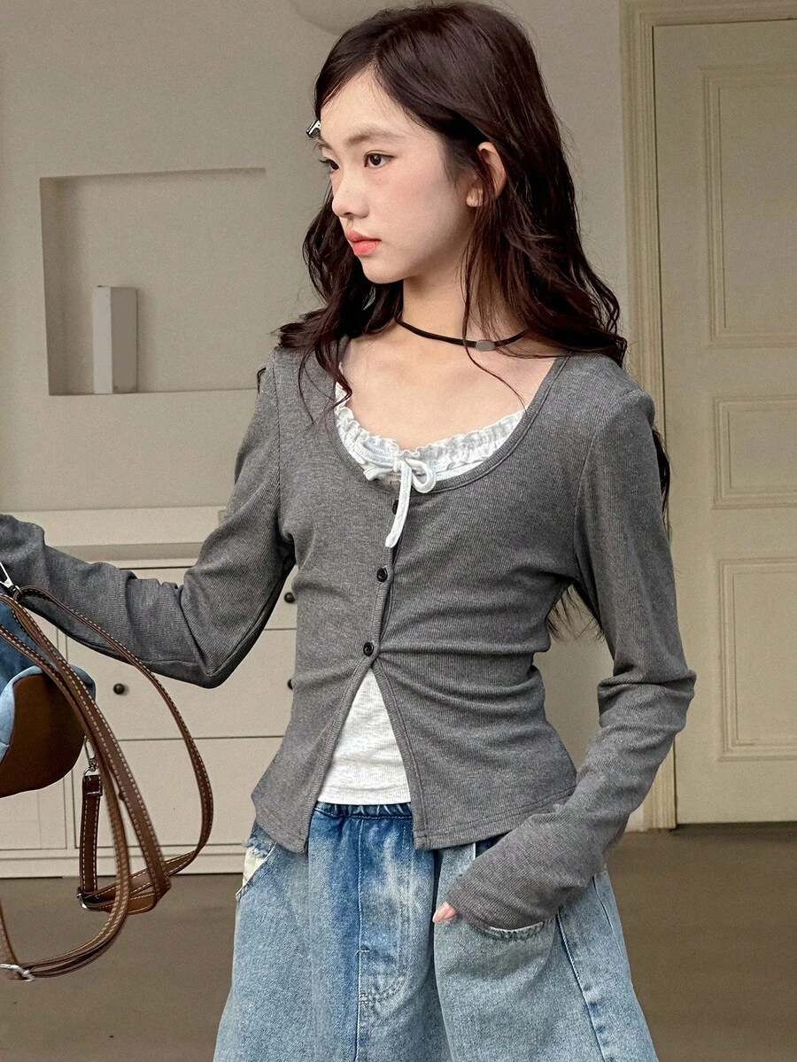 DAZY 少女甜美风格修身T恤，秋季 - 灰色 - 查看 1