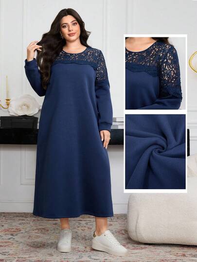 Lacomfia 大码纯色蕾丝拼接长袖长款卫衣，适合秋季和冬季穿着。