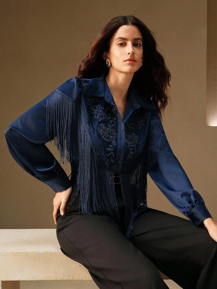 Women's Casual Loose Blouse With Fringe And Beaded Embroidery, Versatile For Commuting, Autumn, Fall, Winter, Going Out, Elegant, Formal, Party, Chic, New Year, Christmas, Work, Graduation, Wedding