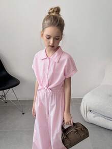 SHEIN 2 件套青少年女孩条纹棉质短袖衬衫搭配阔腿裤套装，春夏度假休闲、度假、夏季、旅行