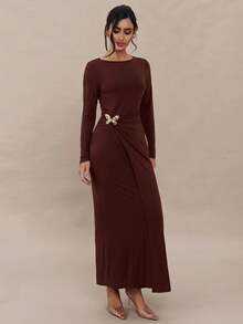 Modelyn Vestido midi elegante de unicolor con mariposa para mujer - Marrón Mocha - Ver 4