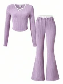 Teenager Mädchen T-Shirt Set, modisches Farbblockdesign, weißer Kontrastkragen, geschwungener Saum, kombiniert mit Hosen, lässig & einfach, College-Stil, geeignet für den täglichen Gebrauch & Schule