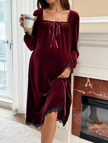 SHEIN Maternity Velvet Square Neck Lace Trim Tie Front Dress - Burgundy - View 5