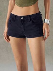 LYSMO 女士黑色低腰牛仔短裤，西部音乐节风格，夏季 - 藍色 - 查看 5