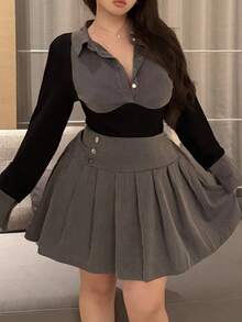 Vibekara Plus Size Ribbed Contrast Color Ribbed Pullover T-Shirt And Elastic Waist Pleated Skirt 2 Pieces Set Fall Cloth For Women - Multicolor - View 3