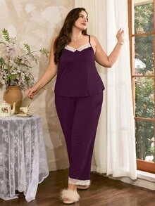 Côtesoire 蕾丝边性感露背吊带背心，女士休闲睡衣套装 - 中紫紅色 - 查看 4