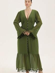 GENKIRA 时尚扎染流苏珍珠纽扣V领长袖连衣裙 - 墨綠色 - 查看 2