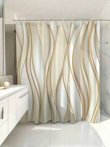 SHEIN 1 Pc Of Gold Striped Printed Bathroom Curtain - Rural Home And Bathroom Decoration, Made Of Polyester Material, Including 12 Hooks, Machine Washable And Hand Washable, Suitable For Year-Round Use - Multicolor - View 4
