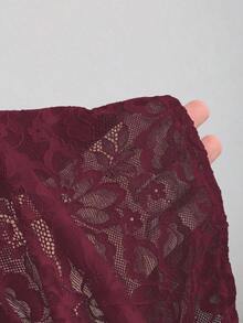 Fairmaia Niemiecki tradycyjny damski koronkowy top w jednolitym kolorze z krótkim rękawem typu latarnia, skrócony na lato - Burgund - Zobacz 4
