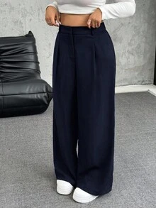 SHEIN EZwear 秋冬大码纯色褶皱阔腿宽松休闲裤 - 藏蓝色 - 查看 4