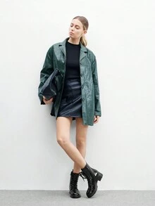 CUCCOO BIZCHIC 黑色圆头厚底纹理踝靴，系带，低跟女鞋 - 黑色 - 查看 10