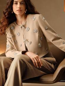 Anewsta Women's Winter Jacket, Luxury Wedding Evening Dress, New Fashion 3D Rhinestone Design Short Outerwear, Christmas, Thanksgiving Attire, Sequin Blouse, Fitted Elegant Jacket - Khaki - View 5