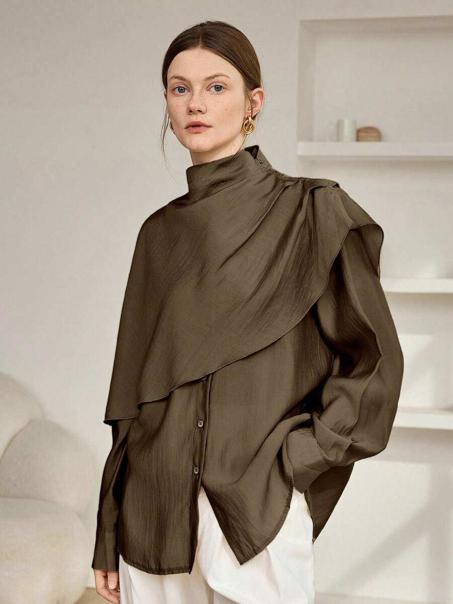 Dazy-Less 女士宽松雪纺衬衫休闲商务办公装长袖披肩领适合春夏秋季 - 巧克力棕 - 查看 1