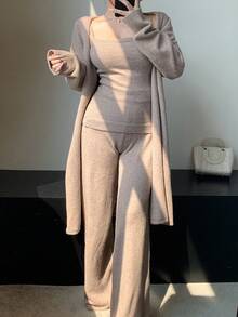 DAZY 3pcs Women Solid Color Minimalist Shawl Cardigan, Camisole, And Pants Knit Sweater Set - Khaki - View 6