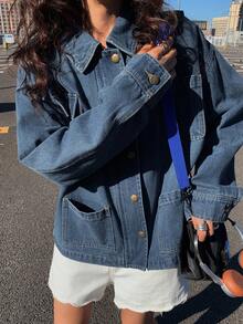 DAZY 女式宽松牛仔夹克，有领，有大口袋 - 藍色 - 查看 3
