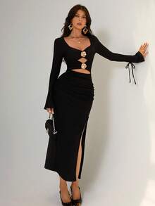 RiviMae 女士优雅镂空花卉 3D 褶皱修身中长连衣裙，纹理蕾丝面料，Y2K 风格，适合春、夏、秋季长裙 - 黑色 - 查看 5