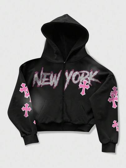 Street Life Sudadera con capucha con cremallera y estampado de letras y cruces para hombre, otoño