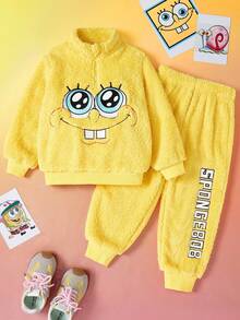 SpongeBob SquarePants | SHEIN Young Girl Cartoon Embroidery Funny Stand Collar Half-Zip Loose Plush Sweatshirt And Pants Set, Autumn/Winter Fall - Yellow - View 1