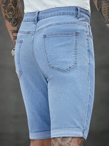 Manfinity Homme Men's Solid Color Pocket Casual Denim Shorts, Summer - Blue - View 2