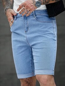 Manfinity Homme Men's Solid Color Pocket Casual Denim Shorts, Summer - Blue - View 3