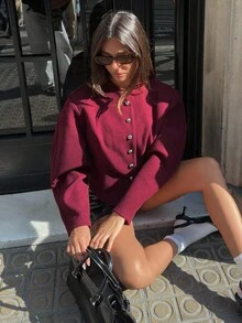 Aloruh 优雅酒红色外套，适合通勤、秋冬季穿着，是女士冬季服装、女士冬季外套、女士冬季服装、冬季服装、女士秋季服装、女士秋季穿搭、新年女士服装、圣诞节女士服装、长袖外出上衣、时尚女士外套、安卡拉红色外套、复古风格、休闲商务通勤、纯色外套、修身外套、金属扣装饰 - 酒紅色 - 查看 8