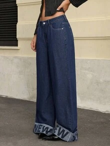 Jeanoix 女士时尚 Y2K 新年字母休闲牛仔裤 - 深色水洗藍 - 查看 4