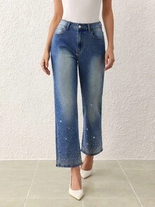 SHEIN Essnce Women's Casual Washed Rhinestone Flare Jeans - Blue - View 7