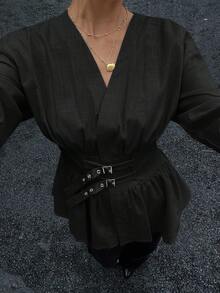 Siren Gaze 双排扣双收腰收腰长袖衬衫，柔软亲肤，适合工作或度假 - 黑色 - 查看 6