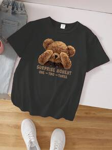 小女孩 1 件趣味熊和口号印花短袖 T 恤熊服装女孩衬衫女孩休闲图案 T 恤
