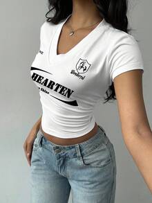 SHEIN EZwear 女式休闲复古V领褶皱腰修身短袖T恤，美式学院风 - 彩色 - 查看 5