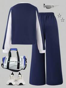 SHEIN Sparklyn 2件組青少年女孩運動休閒套裝，拼色圓領長袖字母印花衛衣搭配寬腿長褲，秋冬款 - 藍色 - 查看 3