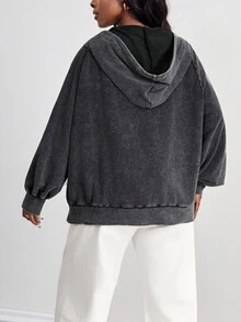 SHEIN PETITE CURVE Áo khoác nỉ cotton dáng rộng, chất liệu cotton, kiểu dáng cổ điển, có khóa kéo, phù hợp cho mùa thu/đông. - màu đen - Xem 2