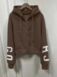 INAWLY Plus Size Casual Loose Sweatshirt With Zipper And Letter Print Graduation, Back To School Outfits, Graduation, Teacher Outfits For Women, Back To School - Brown - View 3