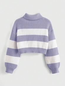 ROMWE Kawaii High Neck Striped Drop Shoulder Sweater With Moon Embroidery - Mauve Purple - View 2
