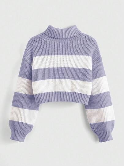 Kawaii High Neck Striped Drop Shoulder Sweater With Moon Embroidery