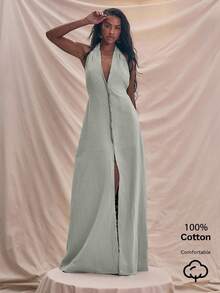 MUSERA 露背吊带深V细节超大露背长裙 春夏吊带裙 度假沙滩装 优雅罩衫 可爱性感度假 伊比沙岛 波西米亚风 婚礼宾客之夜 优雅约会之夜 秋冬夏装 - 綠色 - 查看 1