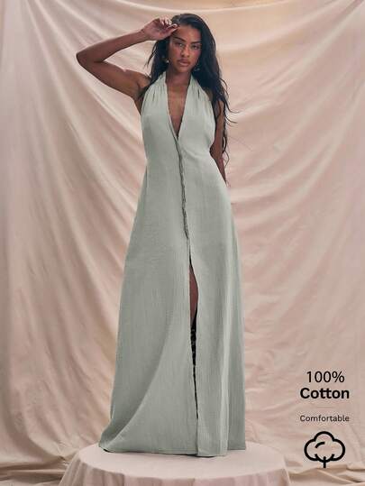 MUSERA Vestido maxi con escote halter, detalle de costura en el escote, espalda con escote pronunciado, para primavera y verano, vestido de playa elegante, cubierta linda y sexy para vacaciones, boda, salida nocturna, elegante, cita, Navidad, otoño, invierno