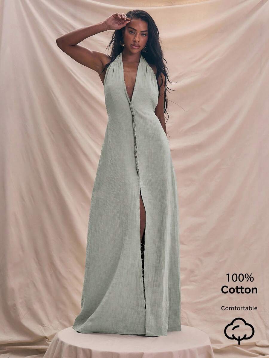 MUSERA 露背吊带深V细节超大露背长裙 春夏吊带裙 度假沙滩装 优雅罩衫 可爱性感度假 伊比沙岛 波西米亚风 婚礼宾客之夜 优雅约会之夜 秋冬夏装 - 綠色 - 查看 1