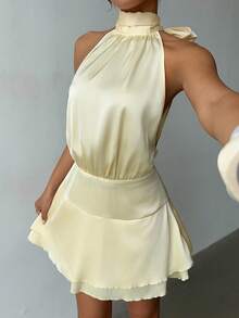 Aloruh 女士性感优雅高领缎面露背蝴蝶结腰部A字迷你连衣裙，适合派对、约会、生日、女士约会装、女士夜间外出装、女士婚礼宾客装、性感夜店装、波西米亚风女装 - 淡黃色 - 查看 9