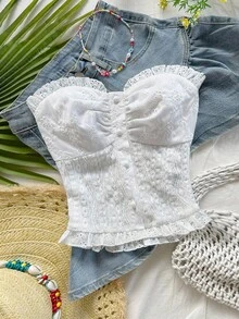 Dreamara 大码女式白色休闲纹理面料荷叶边抹胸上衣，适合度假、海滩、夏季、波西米亚风穿着 - 白色 - 查看 1