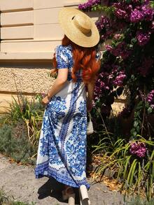 Gretanique New Design Women's Blue & White Woven Positioned Floral Print V-Neck Puff Sleeve Waist Cinched Floral Print Elegant Midi Dress, Flattering, Sophisticated Middle East Style