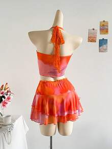 Soleia WYWH 女士夏季连衣裙套装，日落渐变色，蕾丝拼布褶饰露背上衣和双层蕾丝荷叶边迷你裙套装，适合节日、约会、下午茶、海滩、游轮、城市度假、四季、音乐节、波西米亚风度假，可内外穿着 - 亮橙色 - 查看 2