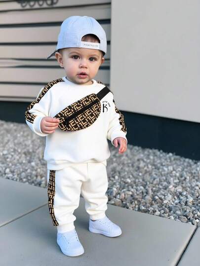 TaviRue 3pcs/Set Baby Boy Contrast Color Patchwork Crew Neck Sweatshirt, Sweatpants And Crossbody Bag Set Baby Boy Outfit Set Baby Boy Casual Set Baby Boy Streetwear Baby Boy Tracksuit Fall Winter