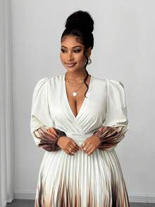 Maweii Đầm midi bodycon xếp ly cổ chữ V tay dài màu ombre thanh lịch dành cho nữ cỡ lớn, mùa xuân/thu - Nhiều màu - Xem 4