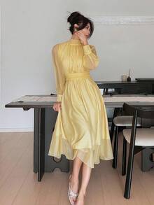 DAZY Đầm dự tiệc, hẹn hò, dáng rộng, dài ngang gối dành cho nữ, đầm thường ngày, đầm sinh nhật, quần áo cỡ lớn cho nữ, đầm dự tiệc mùa hè, đầm dạ hội, đầm thanh lịch cho nữ. - Màu vàng - Xem 5